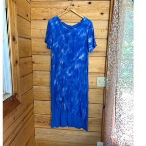 Vintage Maxi Dress Womens Large Cobalt Blue Abstract Crinkle Rayon AYSHA